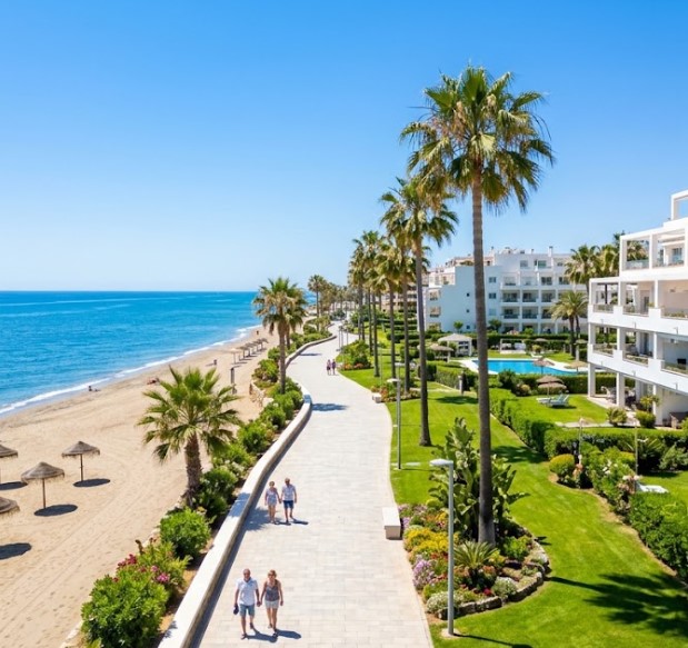 Vistas del Paseo Marítimo, los jardines y las torres residenciales de Playamar en Torremolinos, Málaga